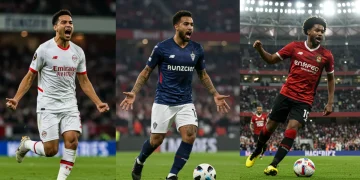 Dynamic image of three US-born strikers making an impact in European football leagues.