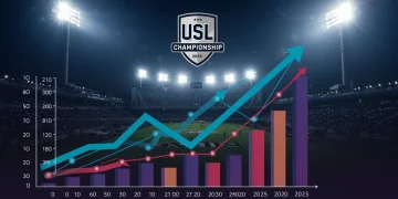USL Championship Financial Health: 2025 Growth Projection Financial growth projection for USL Championship in 2025 with rising charts and stadium lights.