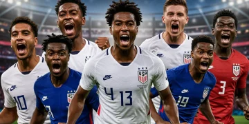 Seven promising young male soccer players in USMNT jerseys, ready for action.