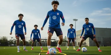 USMNT prospects intensely training on a soccer field, demonstrating agility and focus