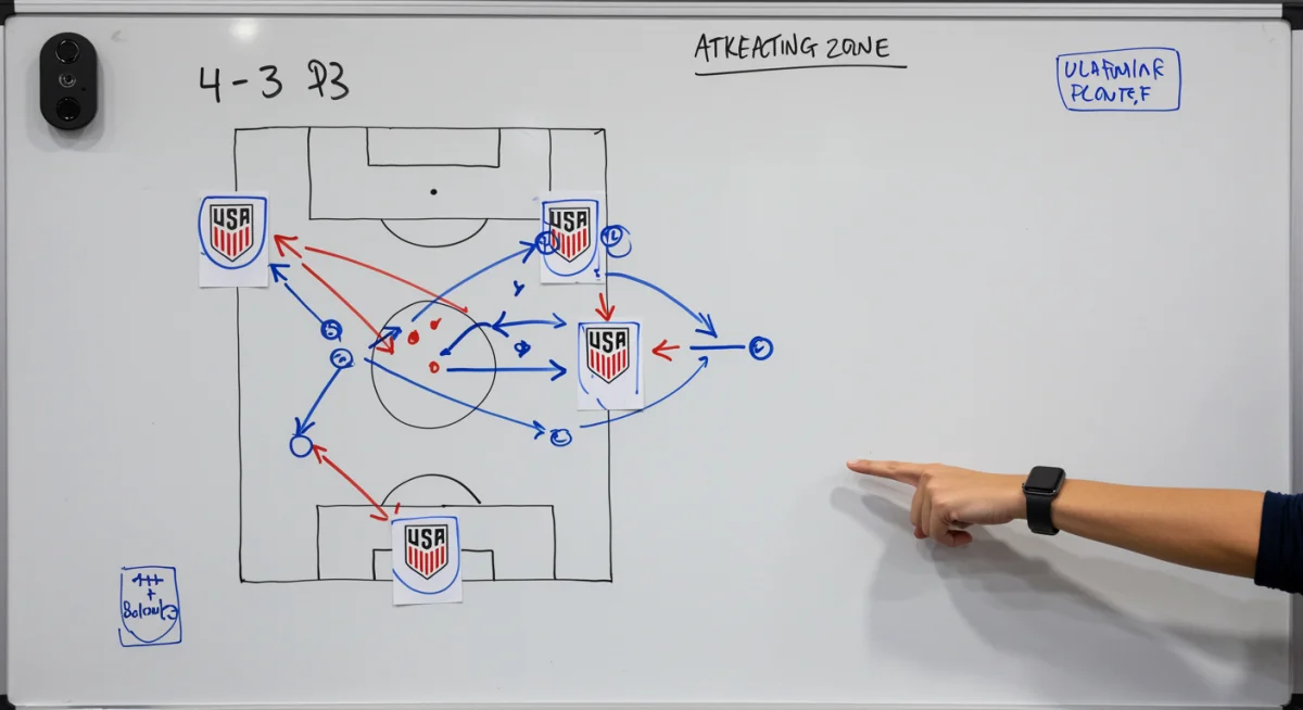 Tactical whiteboard illustrating a 4-3-3 formation with USWNT player positions and movement for an upcoming match.