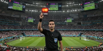Referee signaling VAR review on a soccer field with replay screens in the background