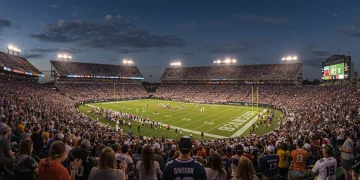 Vibrant sports stadium packed with cheering fans, an away team supporter in the foreground.