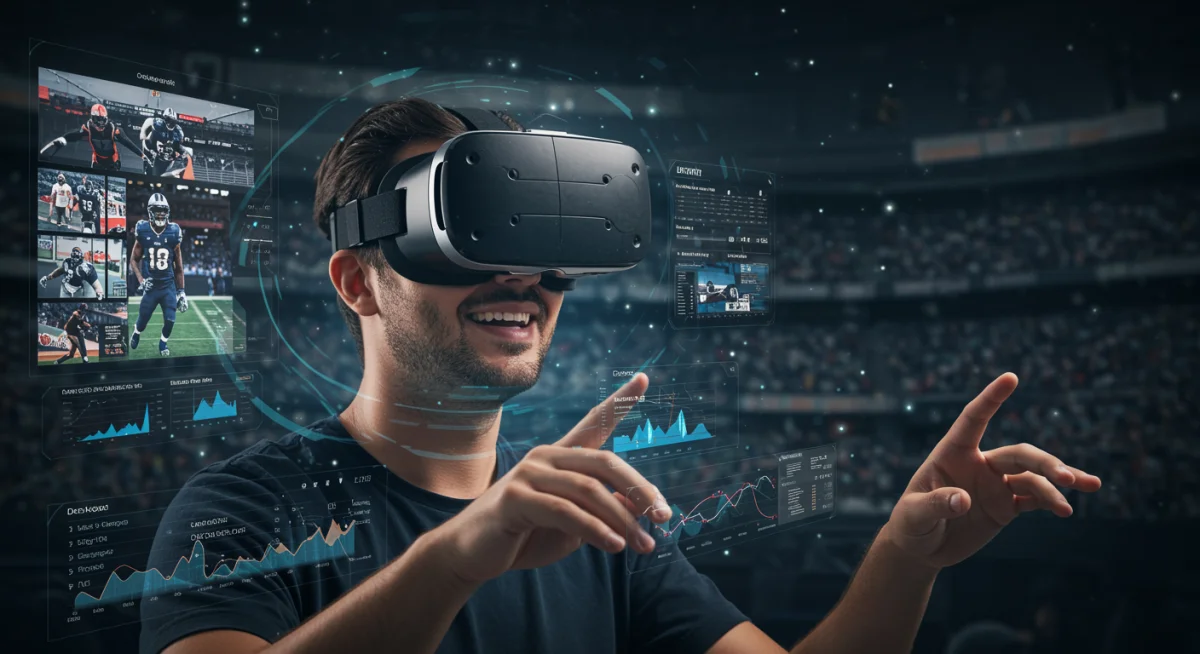 Fan immersed in a virtual reality sports experience, watching game highlights and stats with a VR headset.