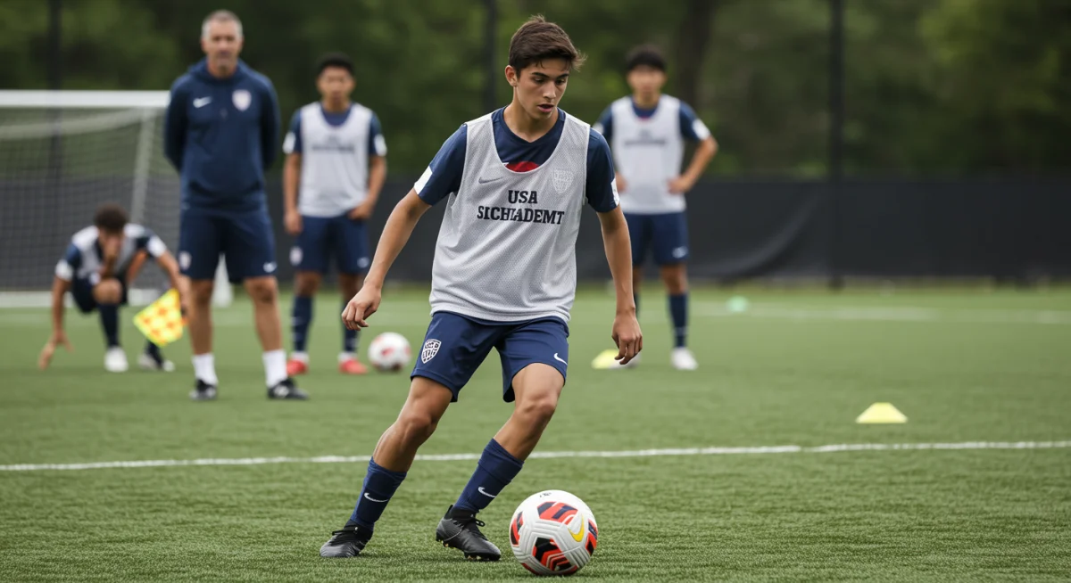 Young soccer player dribbling ball at US academy training session