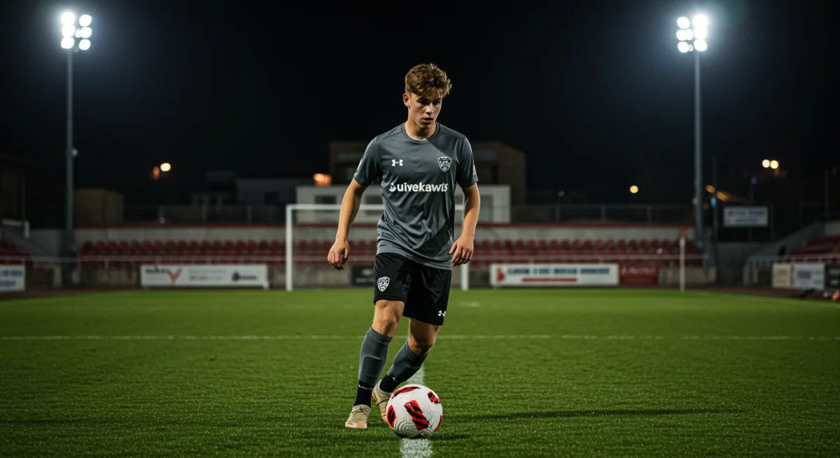 Young soccer player demonstrating dribbling skills on a field.