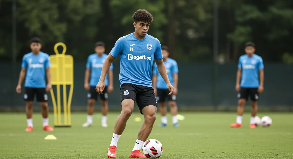 Determined young player dribbling during soccer training session