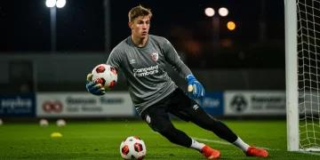 Youth goalkeeper making a save during a training session, demonstrating focus and agility