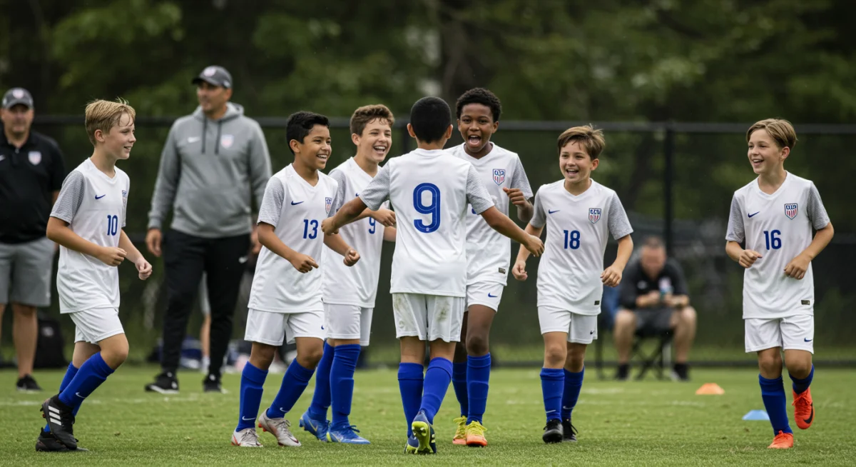 Youth soccer team celebrating a goal, showcasing future talent