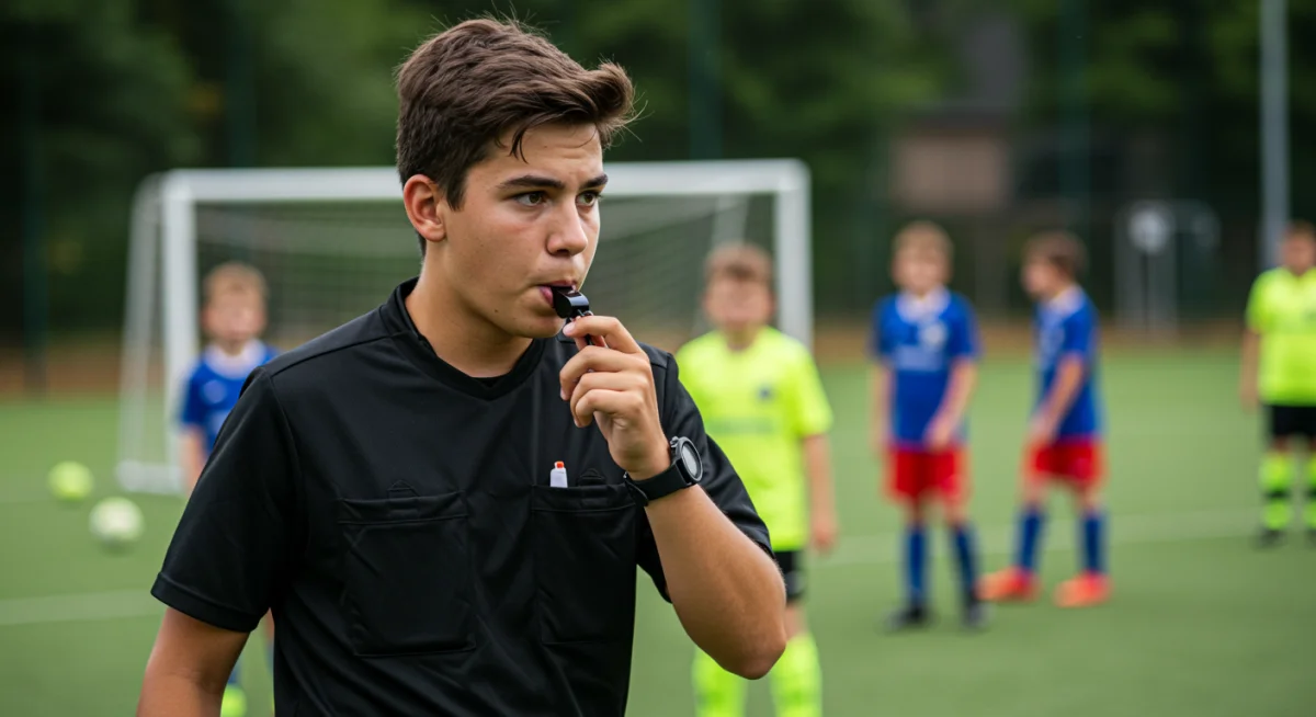 Young soccer referee actively officiating a youth match, demonstrating commitment.