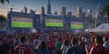 Futuristic 2026 World Cup fan zone with AR experiences and cheering crowds in North America.