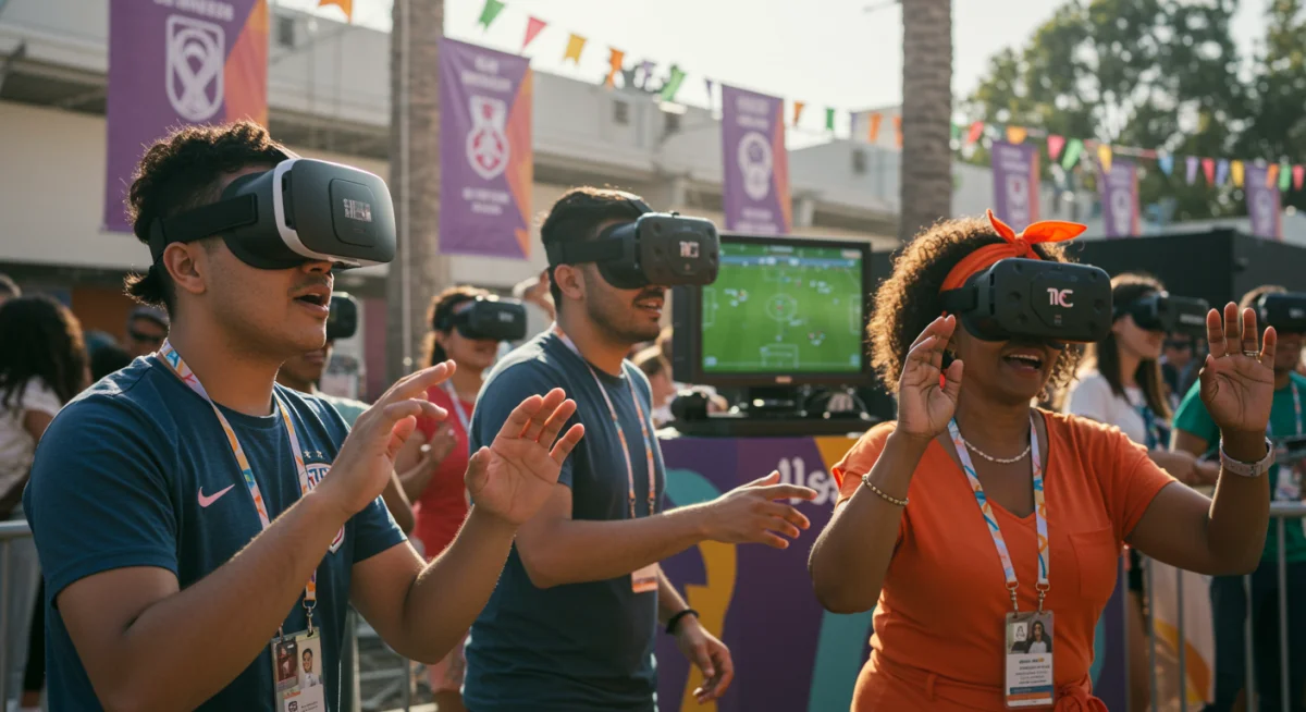 Fans engaging with virtual reality soccer game in 2026 World Cup fan zone.