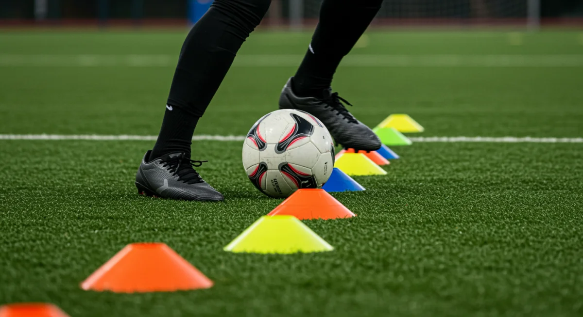 Intense ball control drill with cones, focusing on close dribbling and agility.