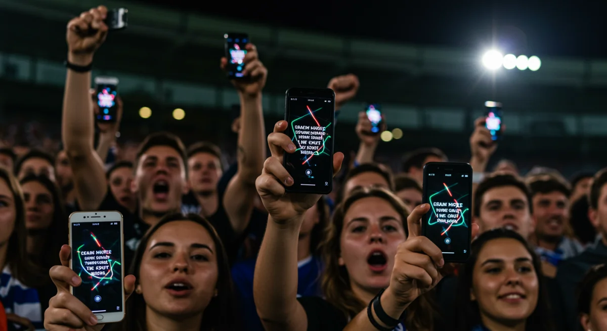 Soccer fans using smartphones for synchronized light displays and lyrics during a chant.