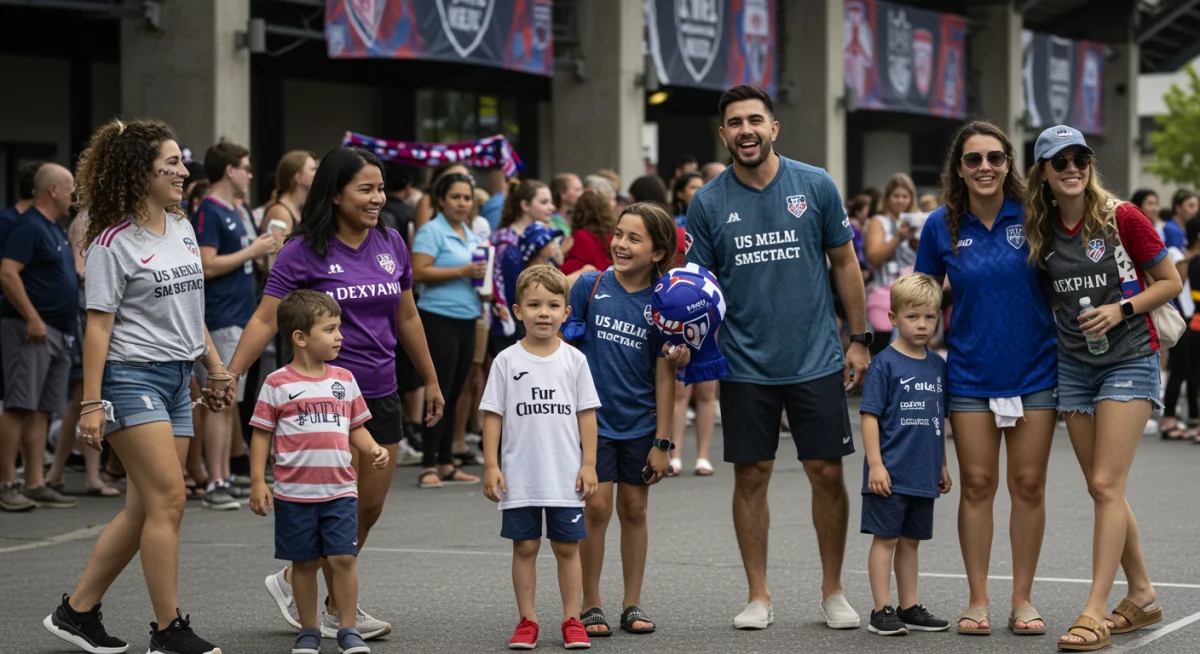 Diverse NWSL fans interacting outside a stadium pre-game