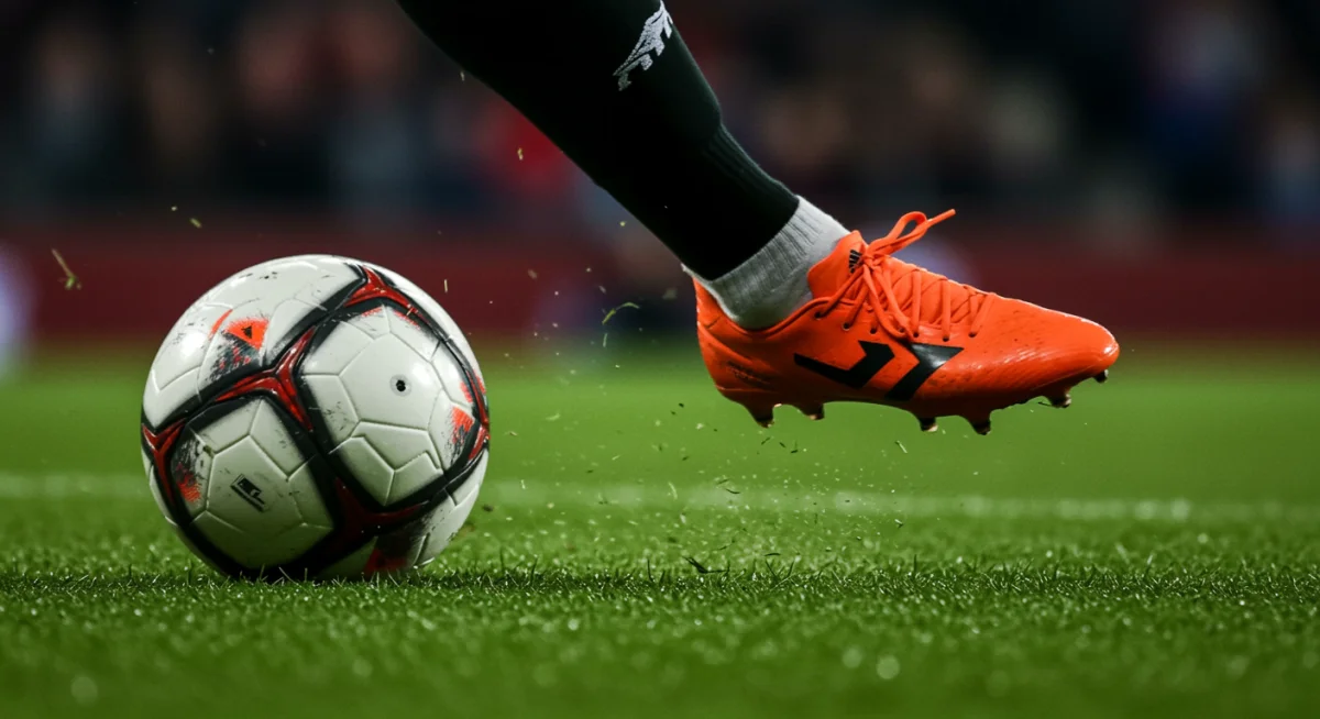 Close-up of a soccer player's foot making contact with the ball during a free kick, illustrating technique.