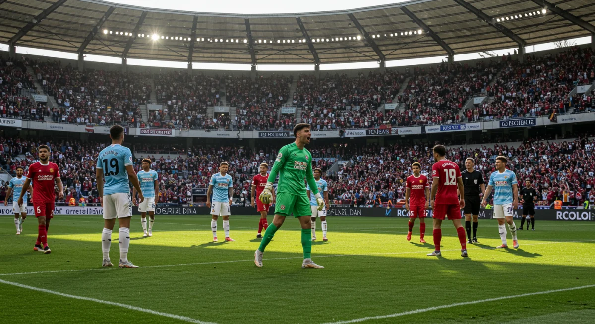 Goalkeeper celebrating a game-changing save with fans in a packed stadium.