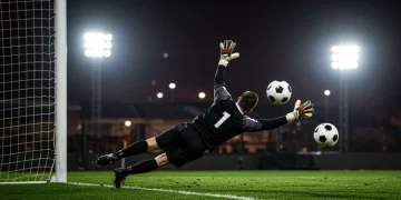 Goalkeeper making a dramatic save during a crucial match in a 2026 tournament.