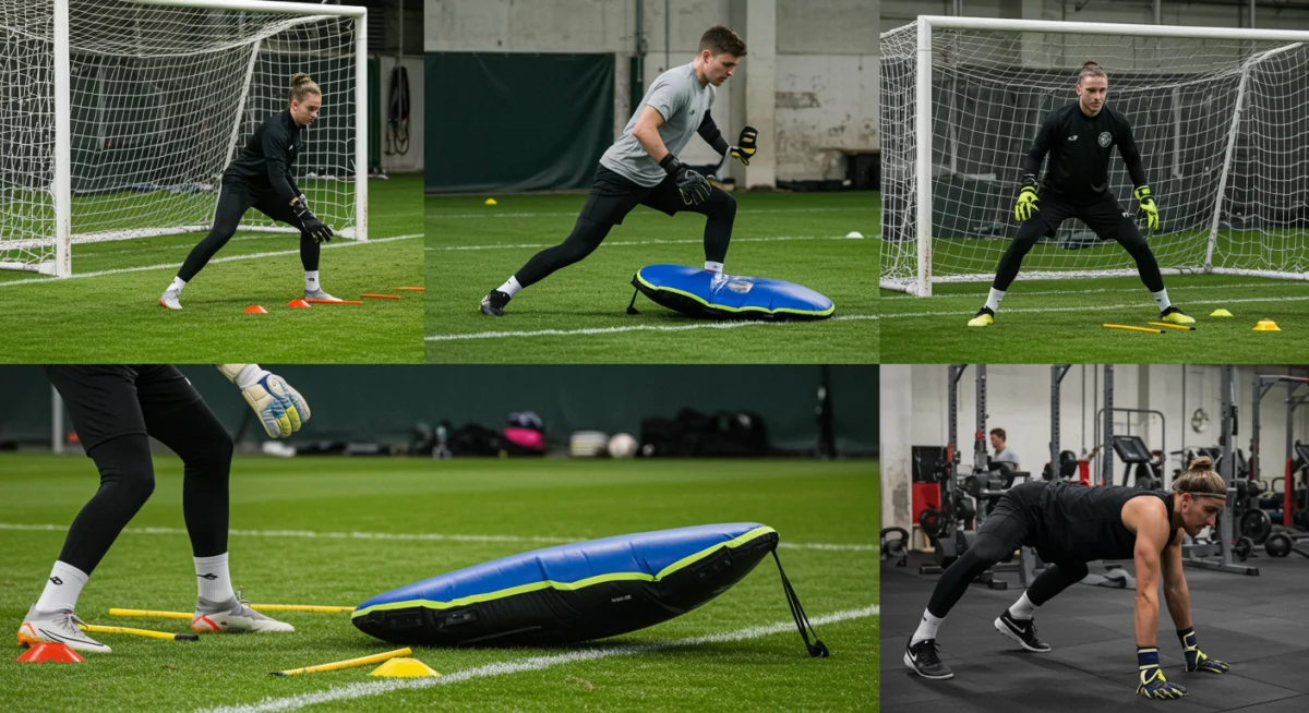 Diverse goalkeeper training exercises including agility, reaction drills, and core strength workouts.