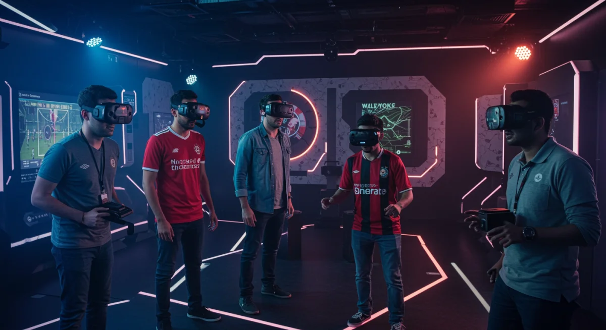 Fans engaging with virtual reality soccer game at an interactive fan zone exhibit.