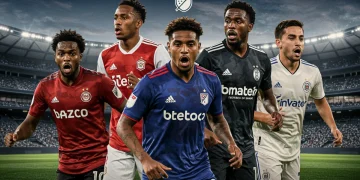 Dynamic illustration of diverse MLS players, representing new transfer window acquisitions and their potential impact on the 2024 playoff picture.