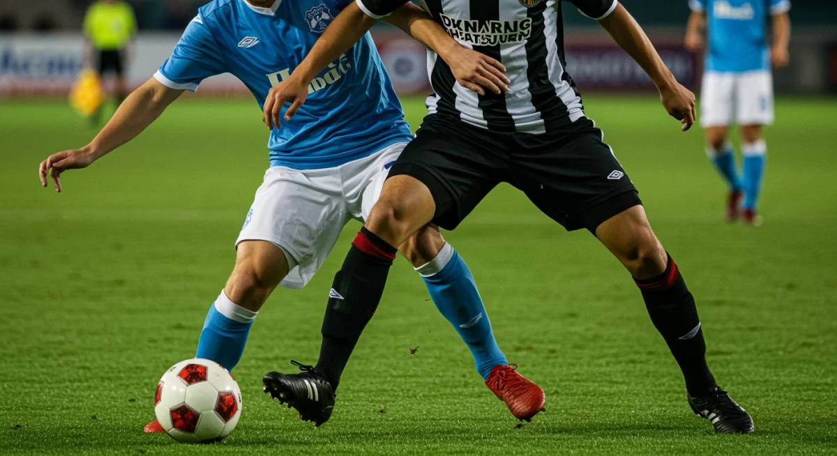 Intense standing tackle in a soccer match