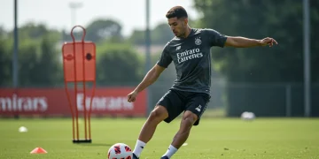 Soccer player executing a powerful shot during a training drill, demonstrating agility and precision.