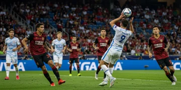 Soccer player executing a precise through-pass, demonstrating offensive brilliance in a US soccer match.