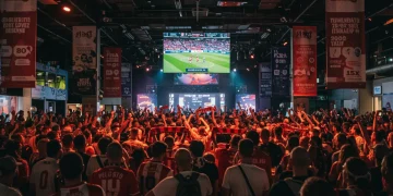 Excited soccer fans at a lively fan zone event with large screens and interactive games.