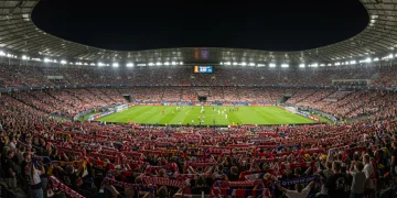 Vibrant crowd in a soccer stadium, unified in a fan chant, creating an electric atmosphere.