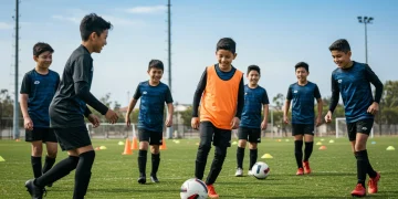 Youth soccer players training on a field, emphasizing skill development and enjoyment