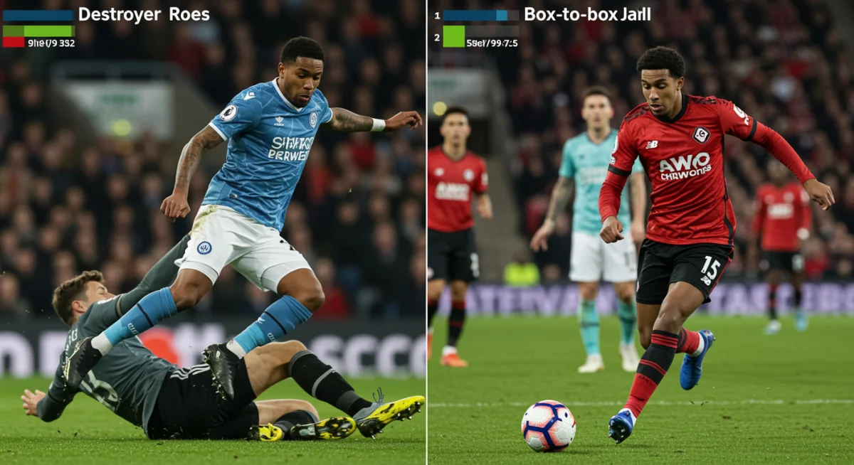 Split-screen comparison: Destroyer making tackle and Box-to-Box midfielder attacking, highlighting distinct roles.