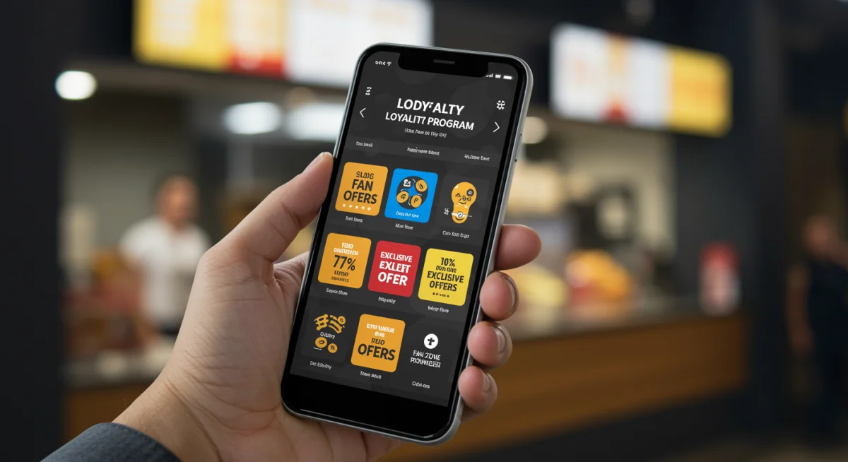 Smartphone displaying a fan loyalty program app with discounts for concessions and memorabilia.