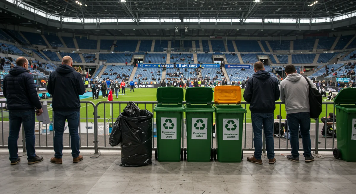 Responsible soccer fans disposing of waste in recycling bins in a clean fan zone.