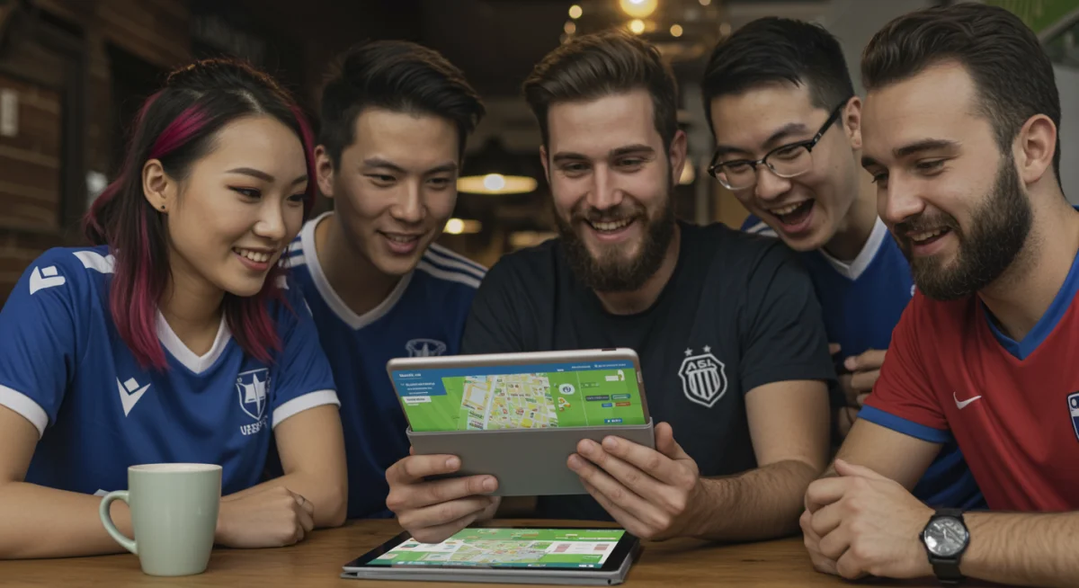 Friends planning fan zone strategy on tablet