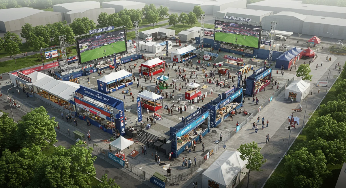 Organized fan zone with clear pathways and multiple screens