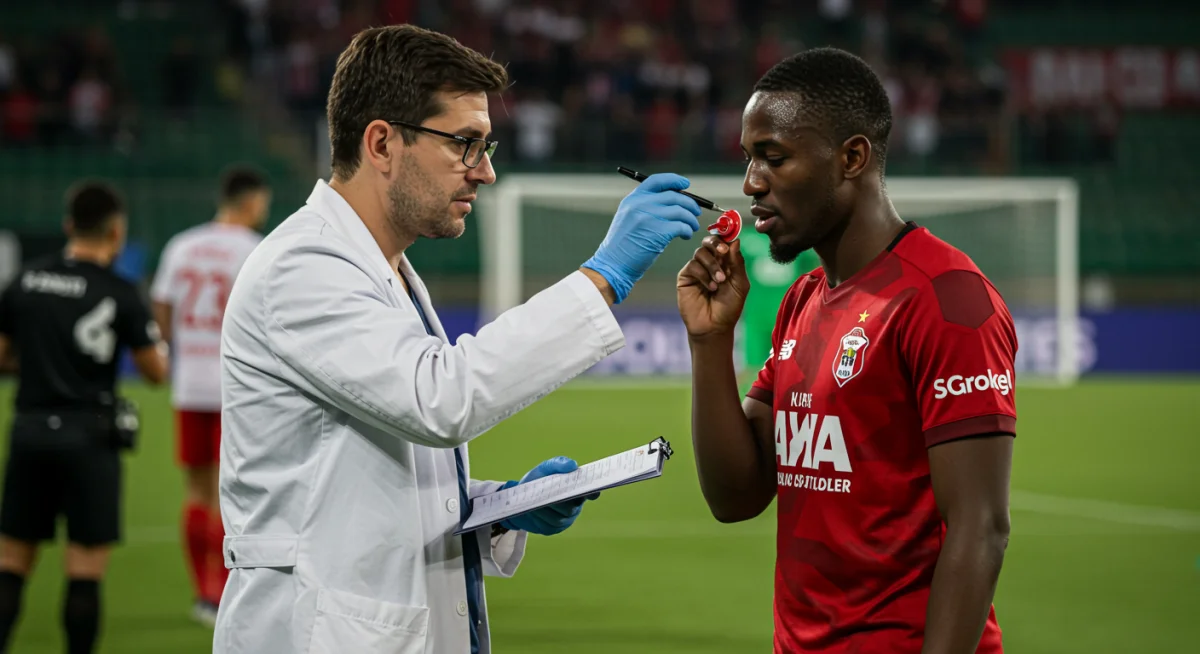Medical professional conducting a sideline concussion assessment on a soccer player.
