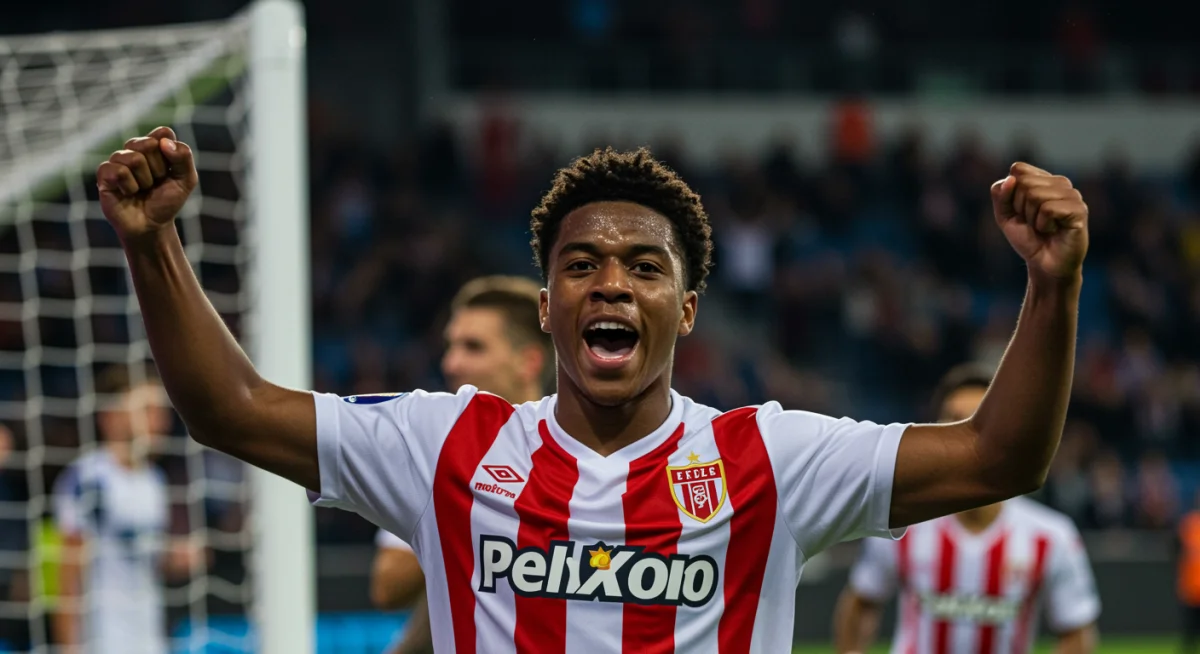 Young soccer player celebrating a goal with arms raised in triumph, showing pure joy and determination.