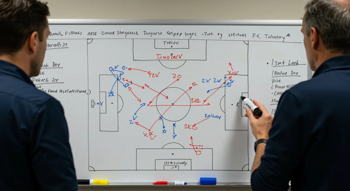 Tactical whiteboard displaying soccer formations and plays