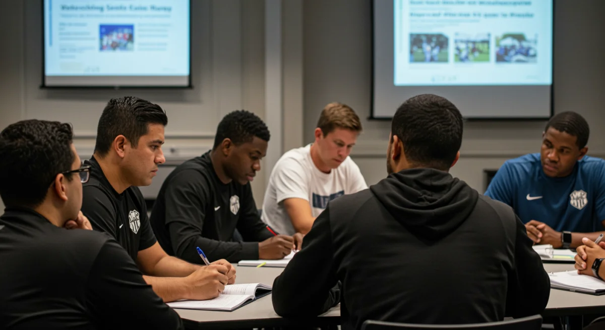 Youth soccer coaches attending a development workshop, emphasizing education.