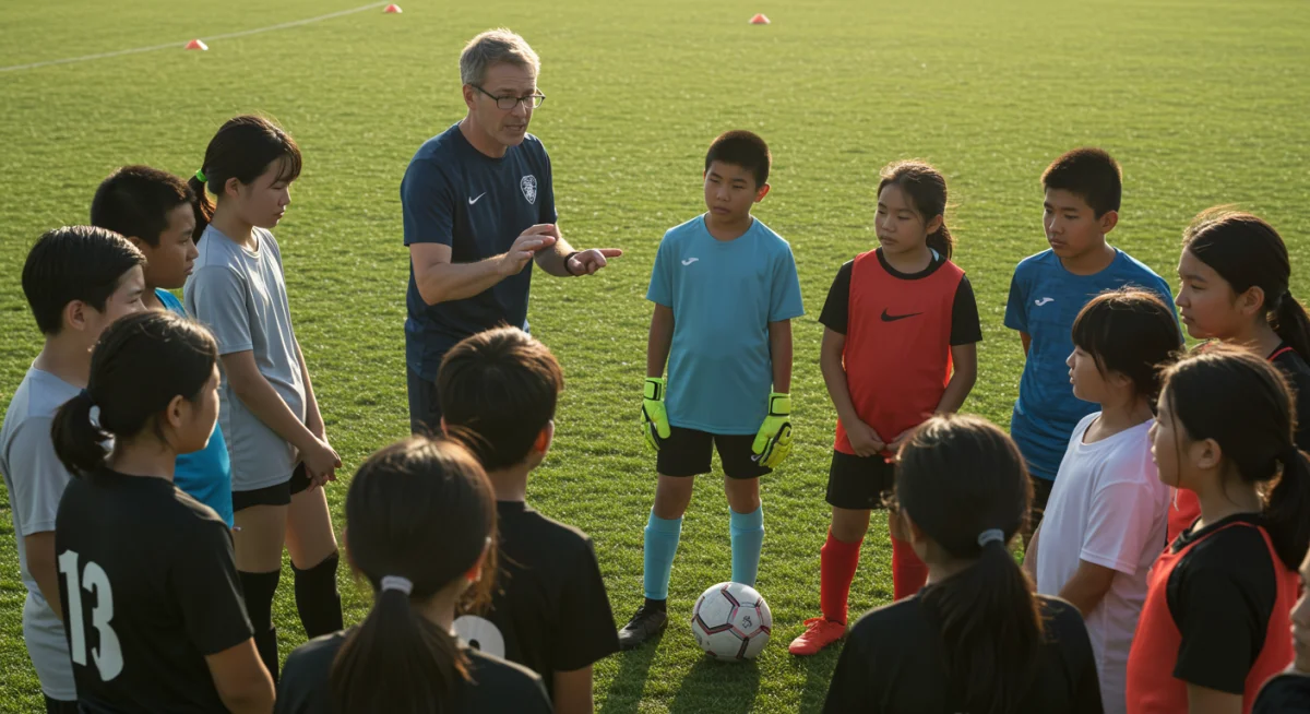 Youth soccer players learning about concussion prevention from a coach.