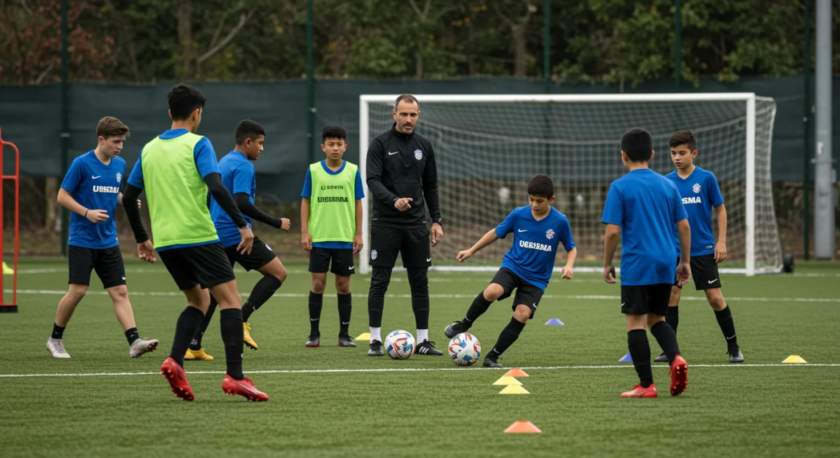 Young soccer players undergoing high-intensity development training with a coach
